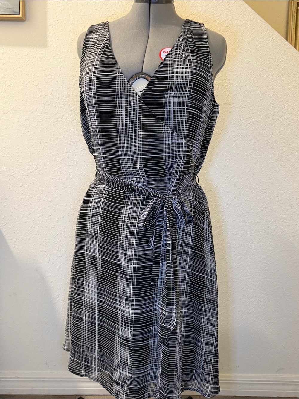 A new day Black & White Plaid Wrap Midi Dress